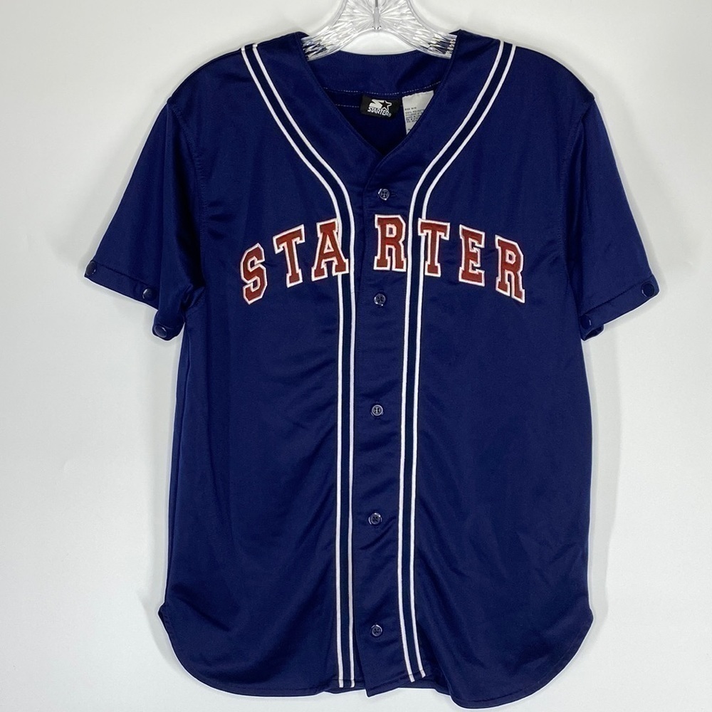 Vintage Starter Navy Blue Button Up Jersey Button Sleeves Size 14/16